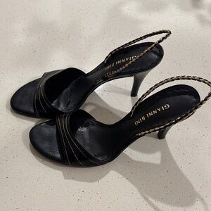 Vintage Gianni Bini Black Braided Strap Open-Toe Heels with Gold Detail